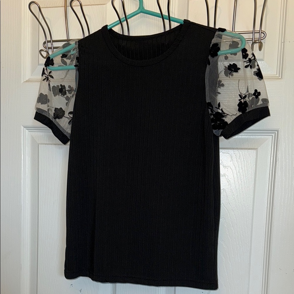 NWOT- Girls Size 11 Youth Elegant Black Top with Floral Sheer Sleeves